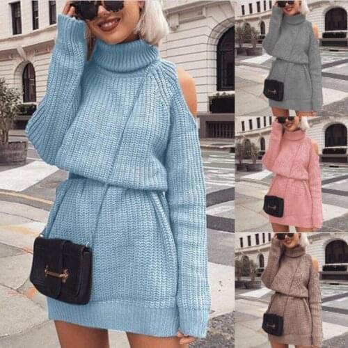 Turtleneck Knitwear Womens Dresses Autumn Casual Fashion Office Lady Off Shoulder Female Winter Long Sleeve Midi Sweater Dress