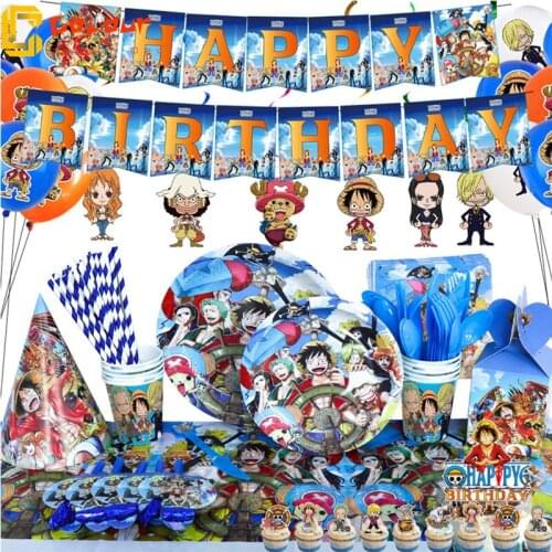 1set One Piece Party Supplies Anime Hat Luffy Cake Balloons Ornament Happy Birthday Banner cup plate tablecolth Party Decor
