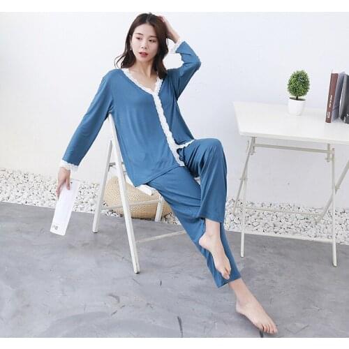 2020 pajamas suit spring and summer ladies modal lace cardigan long-sleeved sweet sleepwear plus size home service pijamas