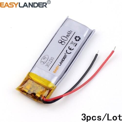3pcs /Lot 3.7v lithium Li ion polymer rechargeable battery 301230 80mAh 3.7 V with board used for bluetooth MP3 MP4