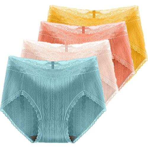 2021 Panties for Womens Underwear Sexy Lingerie Female Cotton Seamless Mid Waist Lace absorbent menstrual Large size Women 4pcs