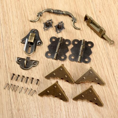 9Pcs/set Antique Wooden Box Latch Hasp+Pull Handle+Hinges+Corner Protector+Old Lock Furniture Hardware Chinese Brass Hardware