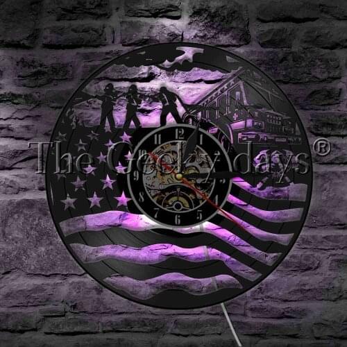 America Firefighter Vinyl Record Wall Clock With LED illumination Fire Department Rescue Helmet Mask Axes Modern Light