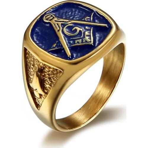 Free Shipping Punk 316L Stainless Steel Golden Plated and Blue Color Oil Masonic Ring Retro Vintage Freemasonry Rings