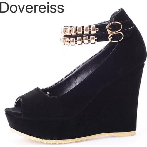 Dovereiss Fashion Womens Shoes Summer Consice Red Elegant Peep Toe Wedding Shoes Wedges Narrow Band Platform Sandals 41 42 43