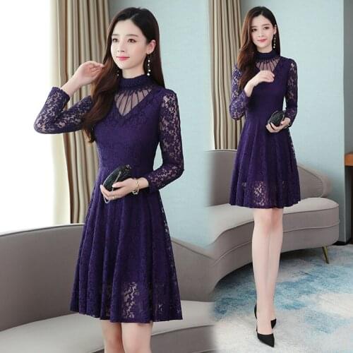 Elegant hollow lace dress women spring summer long sleeve stand collar lace Party dress ladies fashion slim Knee-Length dress