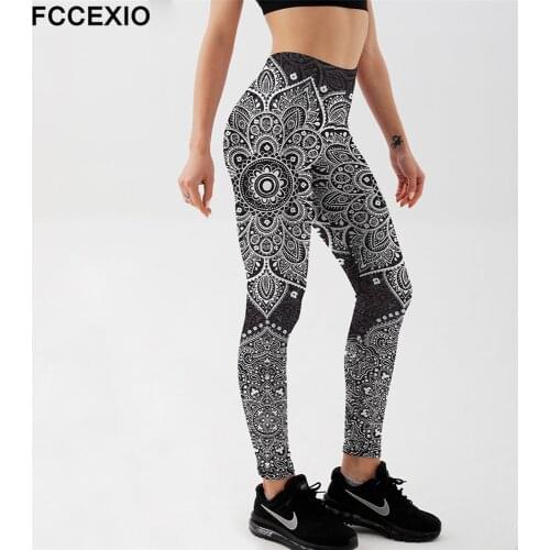 FCCEXIO New Summer Style Women Leggings Mandala Flowers Printed Leggings Black White Design Leggings Workout Fitness Leggin