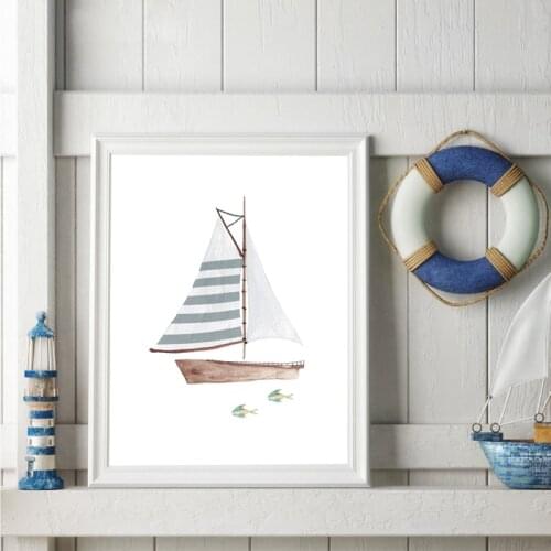 Nautical Nursery Decoration Blue White Sailboat Canvas Prints Watercolor Art Painting Wall Picture Nordic Poster Kids Room Decor