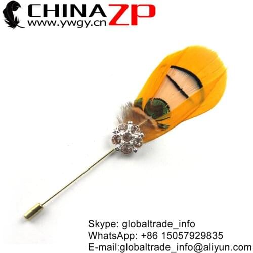 CHINAZP Factory Top Quality Yellow Goose with Lady Amherst Pheasant Tippet Feathers Handmade with Rhinestone Brooch