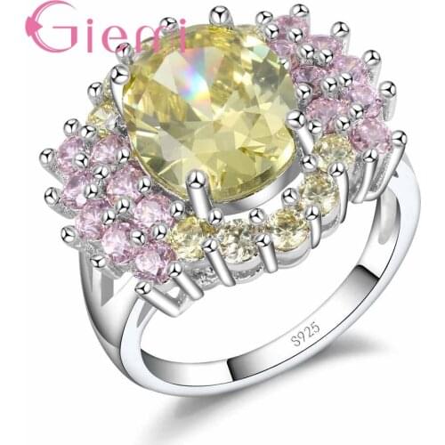 Romantic Sweet Yellow Pink Flower Crystal Stone Ring Bridal Wedding Anniversary Jewels 925 Sterling Silver for Women