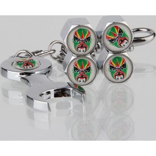 Peking Opera Pattern 4pcs Car Tire Wheel Valve Caps with Wrench Car Key Chain Ring Bicycle Motorcycle Accessories for VW Golf 7