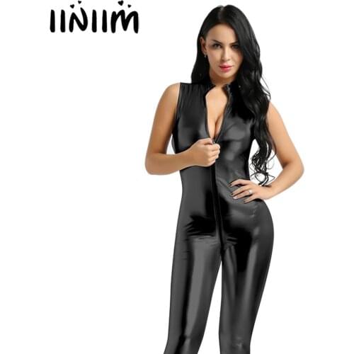 Womens Ladies Wetlook Body Latex Homme Costume Catsuit Leather Zipper Leotard Pole Fashion Exotic Teddies Bodysuit Sexy Clubwear