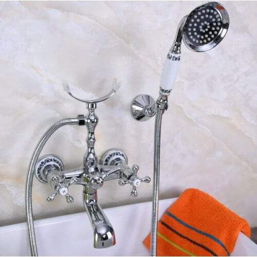 Wall Mounted Polished Chrome Clawfoot Bathtub Faucet telephone style Bath Shower Water Mixer tap with Handshower zna224