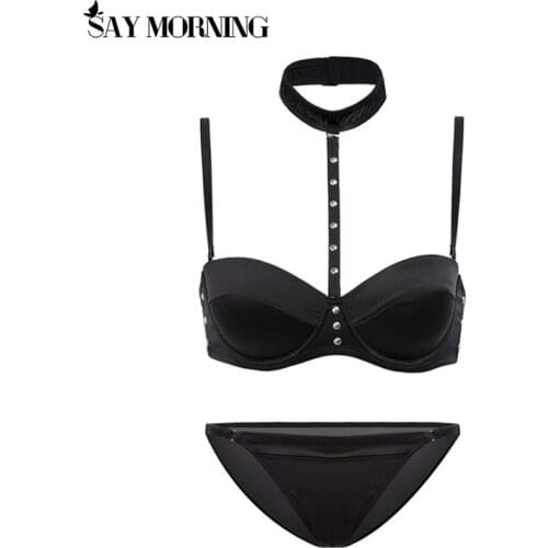 SAY MORNING 2020 NEW Arrival Sexy Bra Set with Removable Halterneck Women Black Neck Halter Bra with Rivet Push up Lingerie