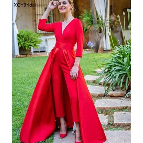 New 2021 Elegant Jumpsuit Evening Dresses Sexy V-neck Long Sleeve Formal With Detachable Train open Back Prom Dress Party Gowns
