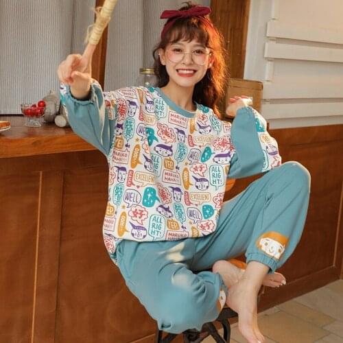 Autumn and winter girls' pajamas cartoon knitted cotton long sleeve Pullover round collar trousers home wear set