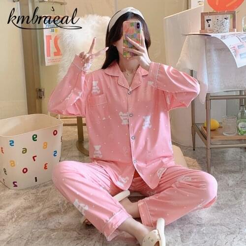 Pajamas for Women Milk Silk Sleepwear Set Cartoon Autumn Turn-down Collar Print Long Sleeve Pajama Homewer Girl Plus Size 2xl