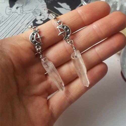Clear Quartz Moon Earrings - Boho, Witchy, Natural Stones, Esoteric, Celestial, Alternative, Nugoth, Gothic, Romantic.star Gift