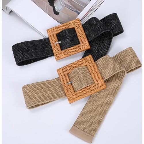 Elastic Braided Waist Belt For Women Summer Woven Female Square Wooded Buckle Pp Straw Wide Belts Vintage Dresses Waistband 394
