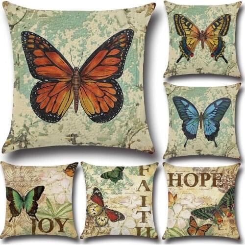 Retro Butterfly Linen Cushion Pillow Cover Cushion Cover For Sofa Throw Pillows Case Home Decor Vintage Coussin 45x45CM