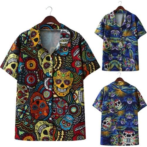 Skull Print Shirts Men And Women Short Sleeve V Neck Skeleton Printed Beach Men Shirts 2021 Topps Hawaiian Blouse Chemise Homme