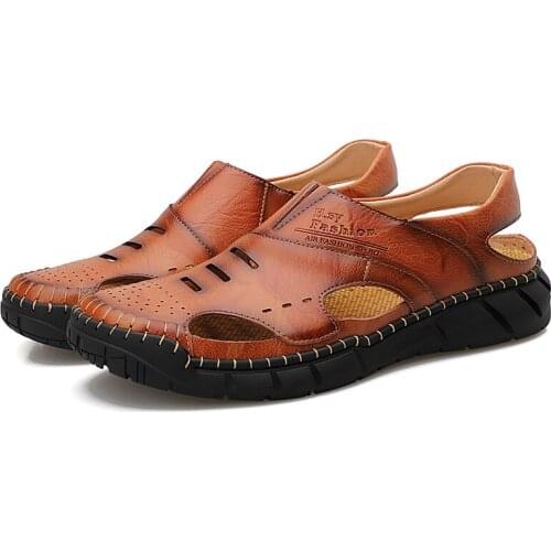 New Men Beach Outdoor Sandals Casual Genuine Leather Slip-On Non-slip Flats Fashion Breathable Quick Dry Hiking Sport Size38-50