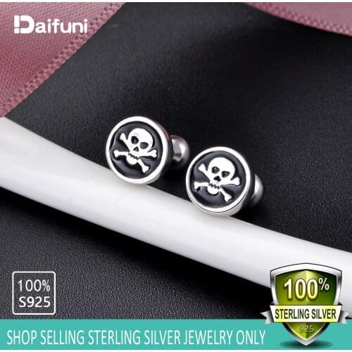 Fashion Women Punk Skull Jewelry S925 sterling silver Earrings Round Skeleton Couple Screw-back Earrings Unsex Ear Studs