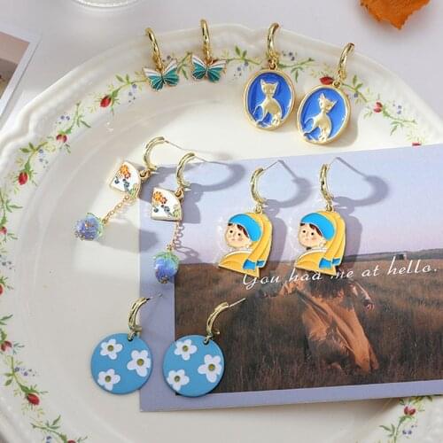 Cool Blue Earrings For Women Elegant Cute Girl Flowers Cat Fan Pendant Drop Earring Female Jewelry Accessories