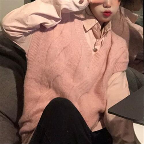 2021 Sweater Vest Women Autumn Casual Knitted Sleeveless College V-Neck Basic Solid Teens Clothing Lovely Fashion Pink Popular