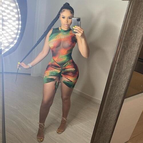 Rainbow Wave Striped Vintage Bandage Playsuit Women Sexy Sleeveless Lace Up Hollow Skinny Romper Summer Night Club Party Outfit