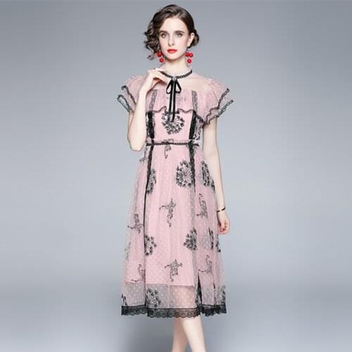 New 2021 Women Summer Fashion Runway Midi Dress Elegant Stand Collar Flying Sleeve Lace trims Slim Mesh A-Line Dresses Vestidos