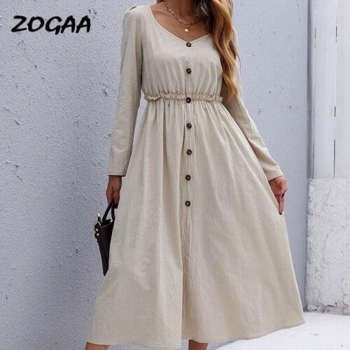 ZOGAA Dress Women New Spring Autumn A-line Pullover Casual Solid Long Sleeve V-Neck Mid-Calf Edible Tree Fungus Patchwork Female