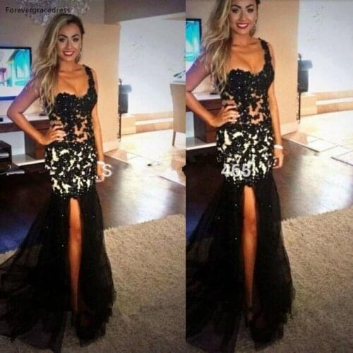 One Shoulder Evening Dress High Quality Black Colour Mermaid Side Slit Lace Long Party Gown