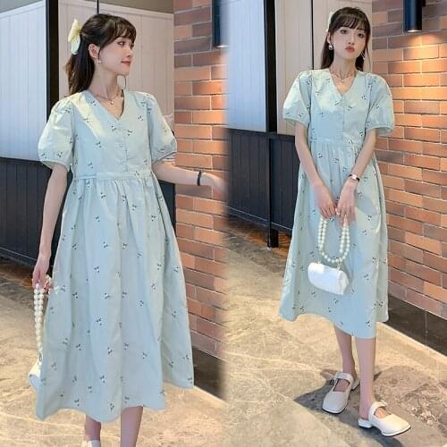07479# Maternity Dress Summer Cotton V Neck Short Sleeves Loose Midi Dress Plus Size Pregnancy Dress Pregnant Women Mom Dress
