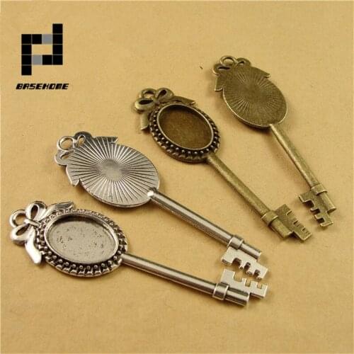 10pcs/lot Vintage Retro Key Pendant Settings Cabochon Base Bezel Trays Blank Fit 13x18mm Cabochons Cameo DIY Pendant Necklace