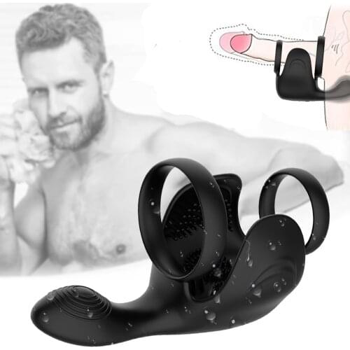 10 Speeds Vibrating Double Penis Ring Delayed Ejaculation Prostate Scrotum Massager Sex Toys Silicone Cockring Anal Plug For Men