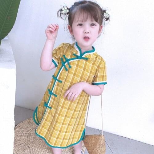 Childrens Ethnic Chinese Cheongsam Summer Girl Plaid Retro Rural Temperament Traditional Dress Kid Clothing Qipao Girls Qipao