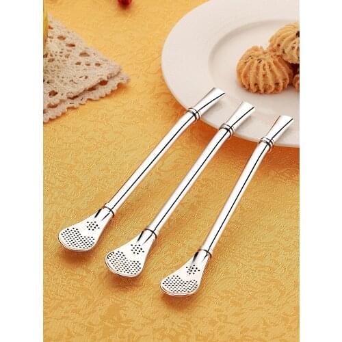 Environmentally friendly non-disposable 304 stainless steel filter straw spoon milk tea coarse straw stirring spoon