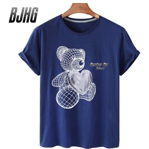 100% Cotton Love Line Bear Print Short-sleeved T-shirt Female Half-sleeved Summer Casual Oversized T-shirt Ladies Shirt S-4XL