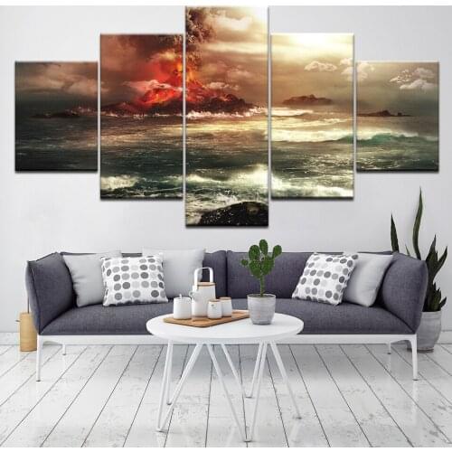 Volcanic eruption in sea painting 5 Piece HD Wallpapers Art Canvas Print modern Poster Modular art painting for Room Home Decor