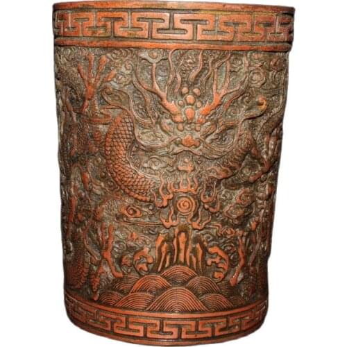 China Old Beijing Old Goods Pure Copper Red Copper Carving Dragon Pen Holder Storage Box