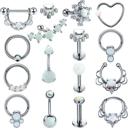 1PC Steel Opal Nose Rings Septum Clicker Daith Rook Helix Opal Ear Tragus Cartilage Lip Belly Eyebrow CBR Piercings Body Jewelry