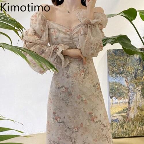 Korean Dress Puff Sleeve Square Collar Chiffon Floral Print French Style Long Vestidos Slim Elegant Sweet Dresses Femme Kimotimo