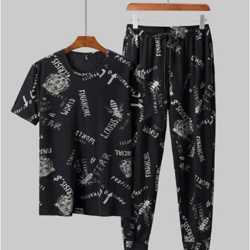 Summer new large size ice silk t-shirt sports suit mens plus fat plus fat casual short-sleeved trousers two-piece suit