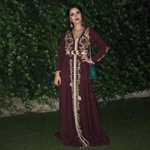 Moroccan Kaftan Evening Dress V Neck Long Sleeves Brown Lace Appliques Arabic Muslim Special Occasion Dress Cocktail Party Dress