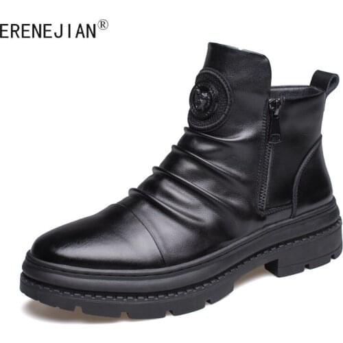 ERENEJIAN Mens Platform Ankle Boots Fashion Leather Biker Motorcycle Racer High Top Shoes Botas Hombre Footwear