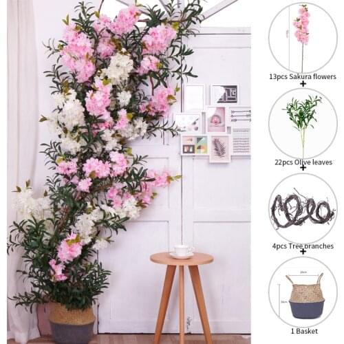 Suit Artificial Cherry Blossom Silk Plants Tree Set Wedding Arch Party DIY Fake Flower Wall Background Flowers Home Decoration