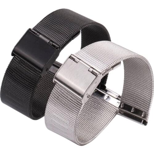 HENGRC 16 18 20 22 24mm Watch Band Strap Stainless Steel Women Watchbands Silver Black Metal Bracelet Double Clasp Accessories
