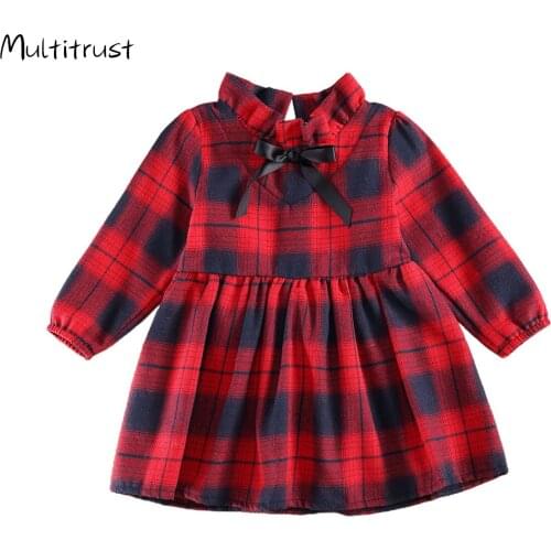 Xmas Infant Kids Girls Dress Plaid Print Ruffles Long Sleeve Bowknot Knee Length A-Line Dress 0-5Y