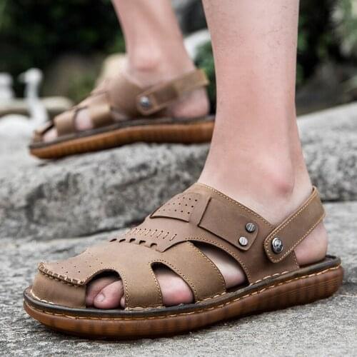 Summer Genuine Leather Breathable Mens Shoes Handmade High Quality Men Sandals Outdoor Non-slip Beach Slippers Designer Slides